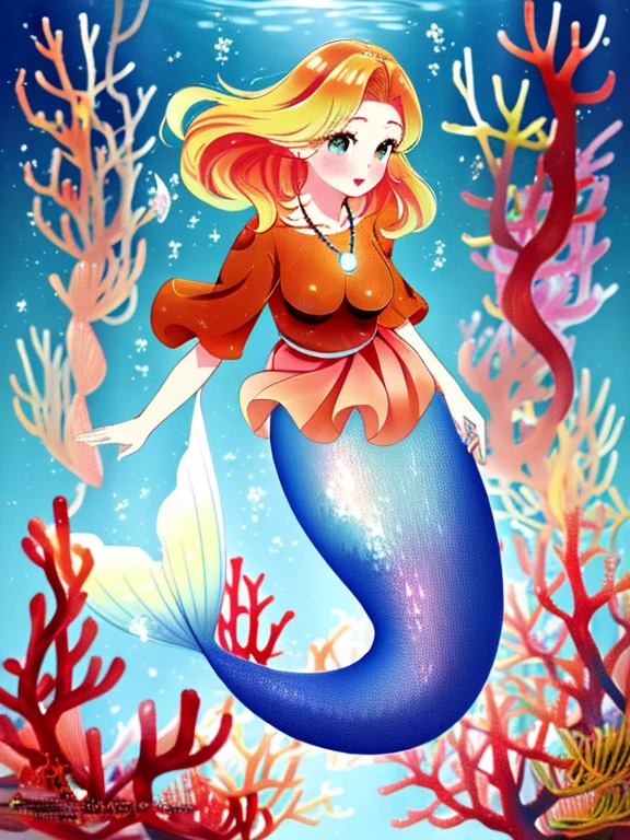 Underwater very deep sea, blue sea, a portrait photograph of a beautiful ((30 year old)) anime japanese woman, pregnant, blonde hair, red blush, red lips, mermaid, rainbow mermaid tail below waistline, necklace on mermaid tail, coral, stafish, fish, 