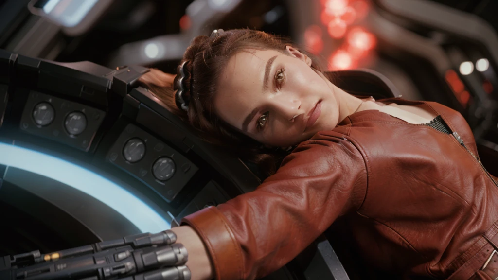 Arafed woman in a red leather jacket leaning on a large machine, Natalie Portman and Star Trek, Margot Robbie as Princess Leia, Movie still of a cool cyborg., eve movie online still, Epic Sci-Fi Movie Still, in a science fiction movie, Elle Fanning as android, Emma Watson in Star Wars, Sci-fi cinematographic film frame., emma watson a starcraft ii