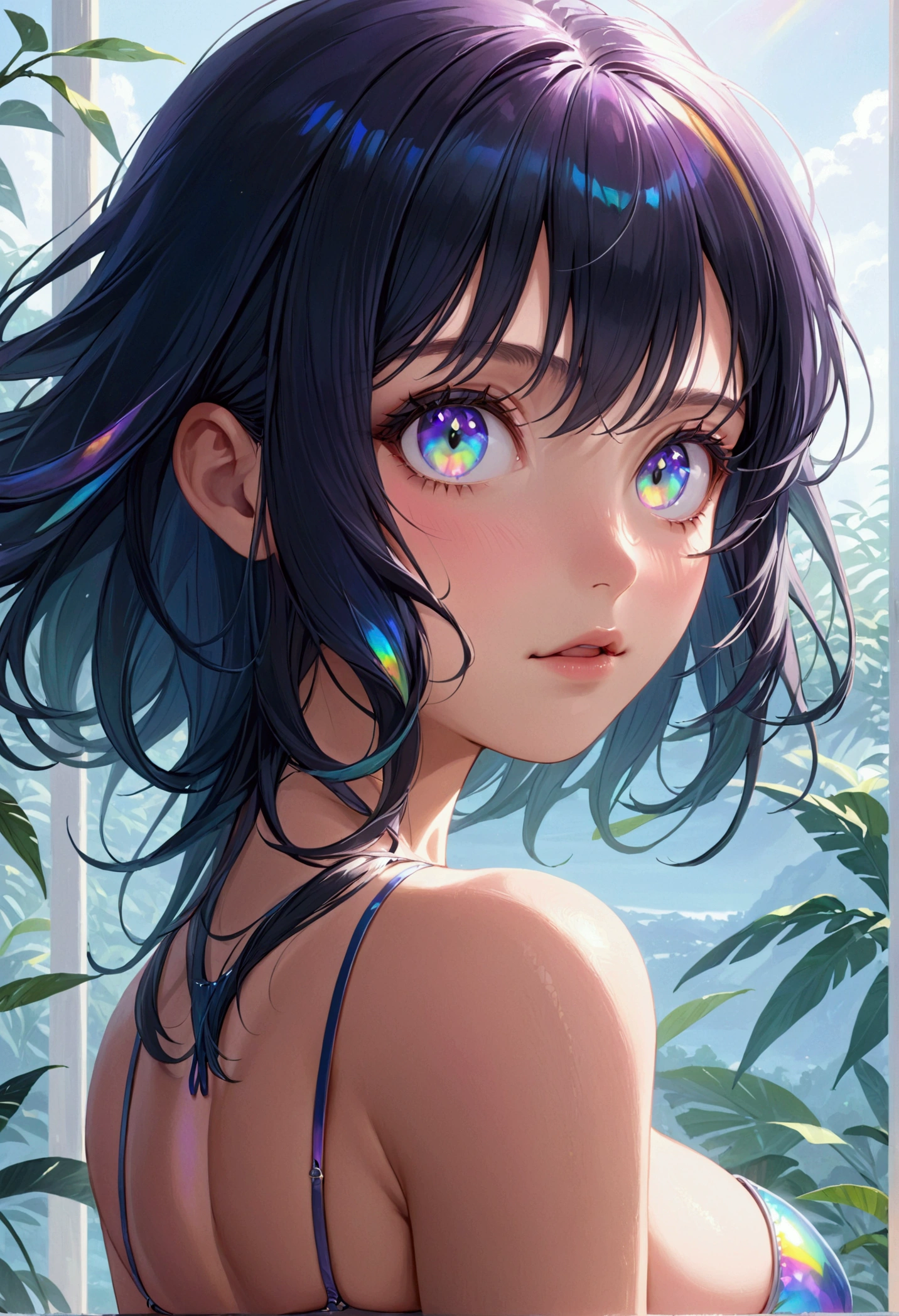 (masterpiece), best quality, expressive eyes, perfect face, Girl,long dark iridescent hair, iridescent eyes, small waist, medium chest, large thighs,bikini, 