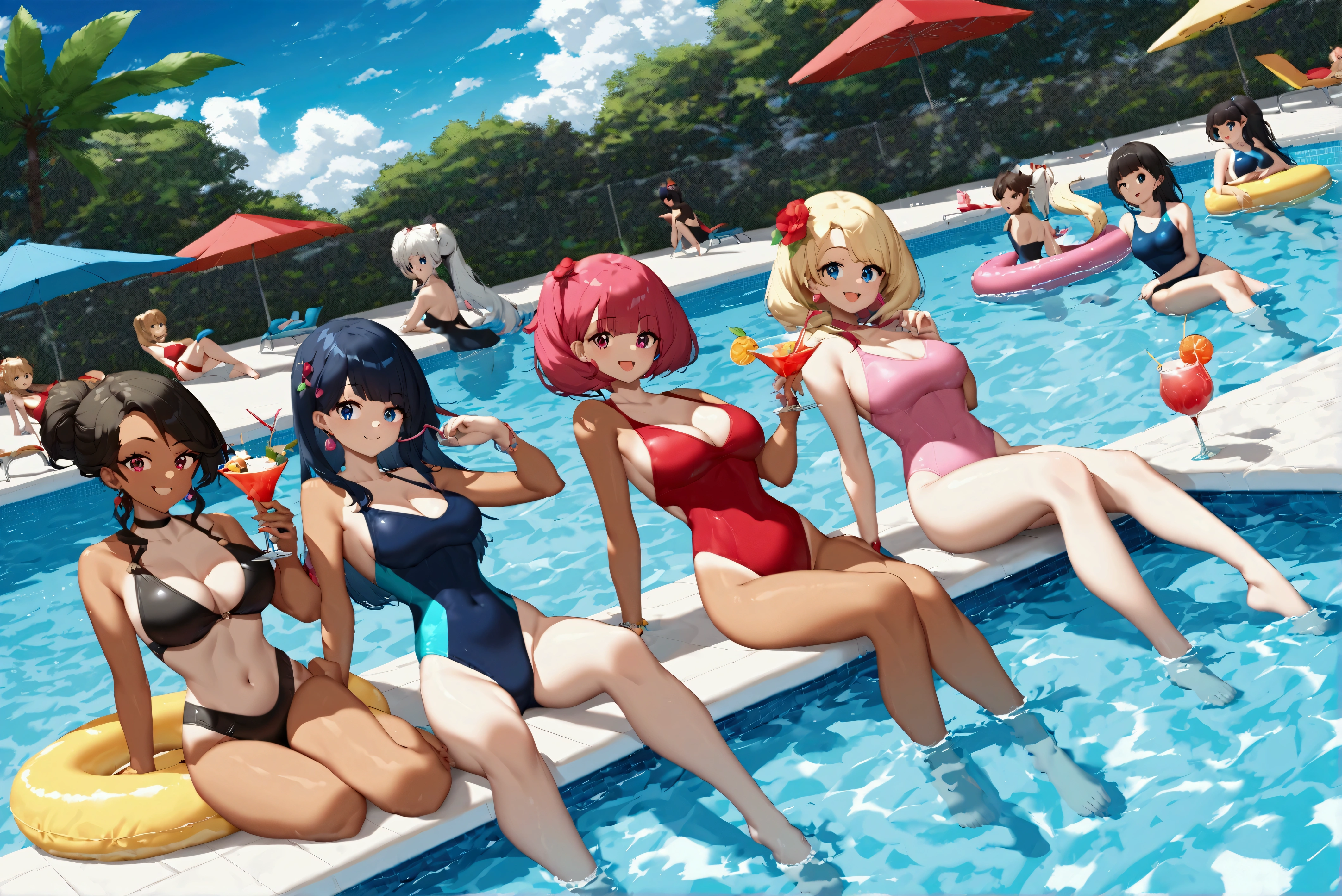 score_9, score_8_up, score_7_up, score_6_up, score_5_up, score_4_up, source_anime,source_furry,rating_safe,rating_questionable,masterpiece, best quality, perfect anatomy , very aesthetic , absurdres, BREAK ,pool\(huge,foam pool, pool party, float mat\), multicolored laser beams, DJ, 6+girls\(sexy swimsuit, breasts, tan, beautiful, cute, big eyes, smiling, Parisian, cocktail, flashy\), dynamic pose, dynamic Angle,at midnight, loud sound, vibes