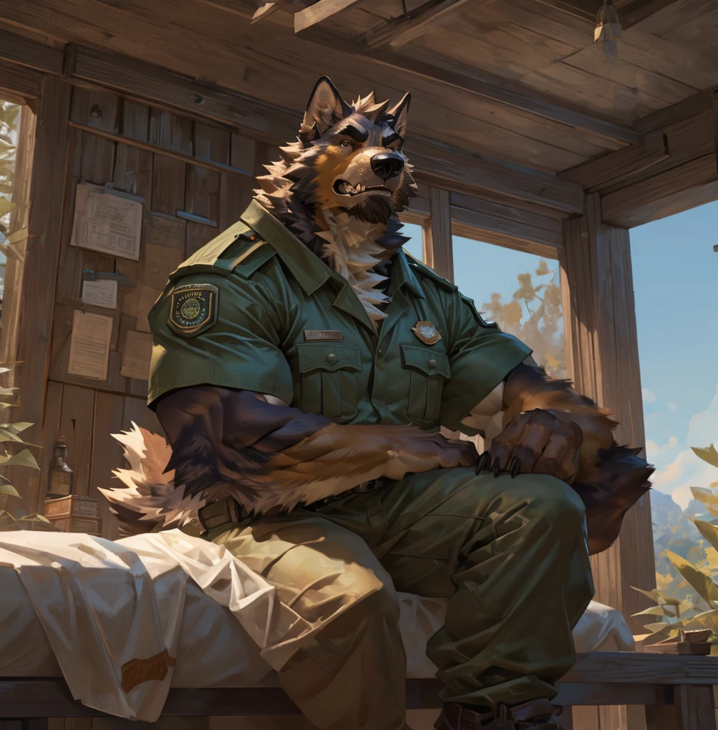 By Taran Fiddler, one man, alone, anthro canine (irish wolfhound), hound dog breed, brown fur, dilf, wrinkly face, bushy eyebrows, wearing park ranger uniform, stern facial expression, looking away from viewer, snarling, sitting on bed, inside a national park watchtower