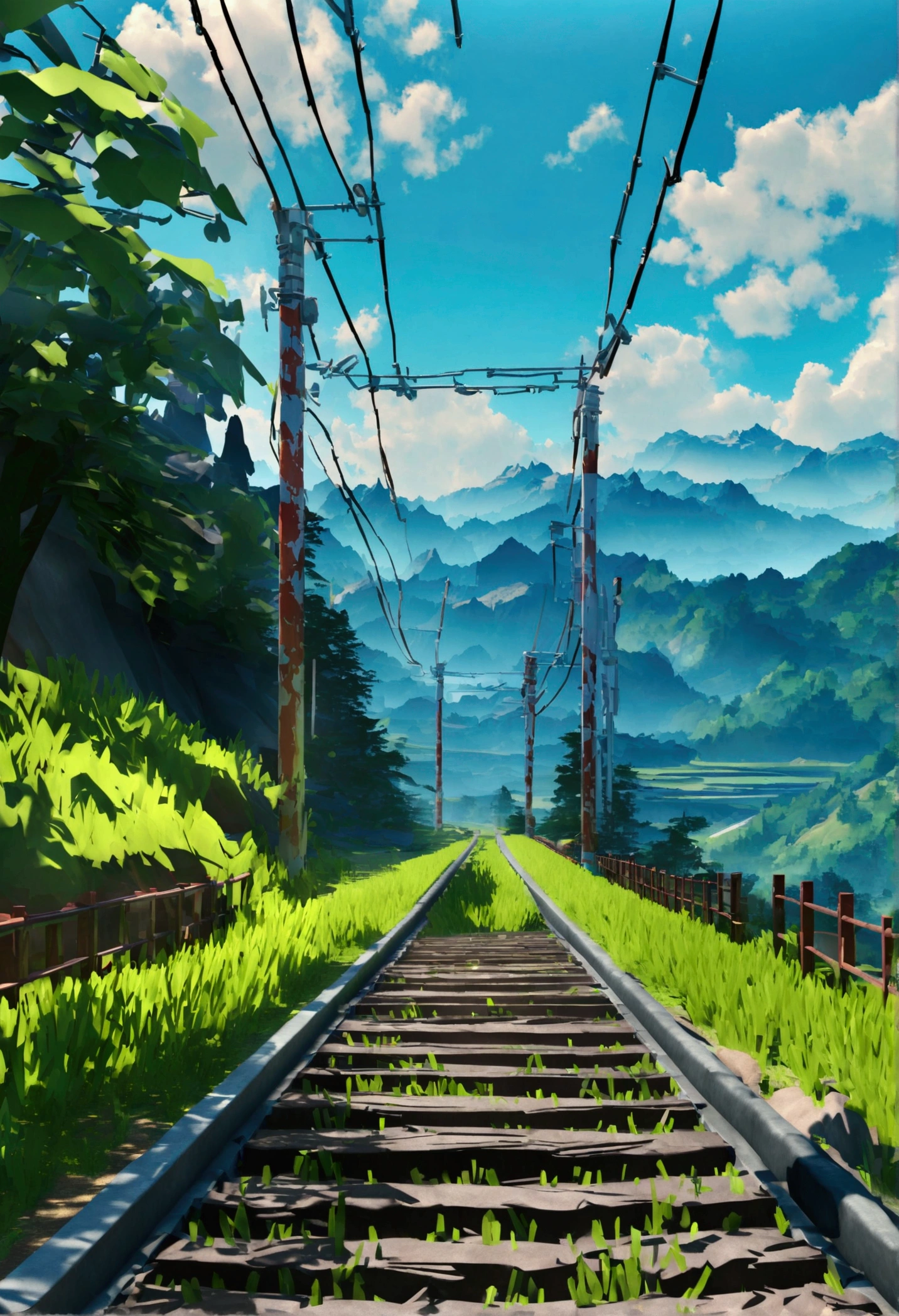Road on the mountain with steel railings, mountains and forests in the background, best quality, sun shining, blue sky, grassy field, left-side view, horizontal view, 3d view, road is facing left, left view, side view, sideways view of the road, road in straight line, front view of mountains