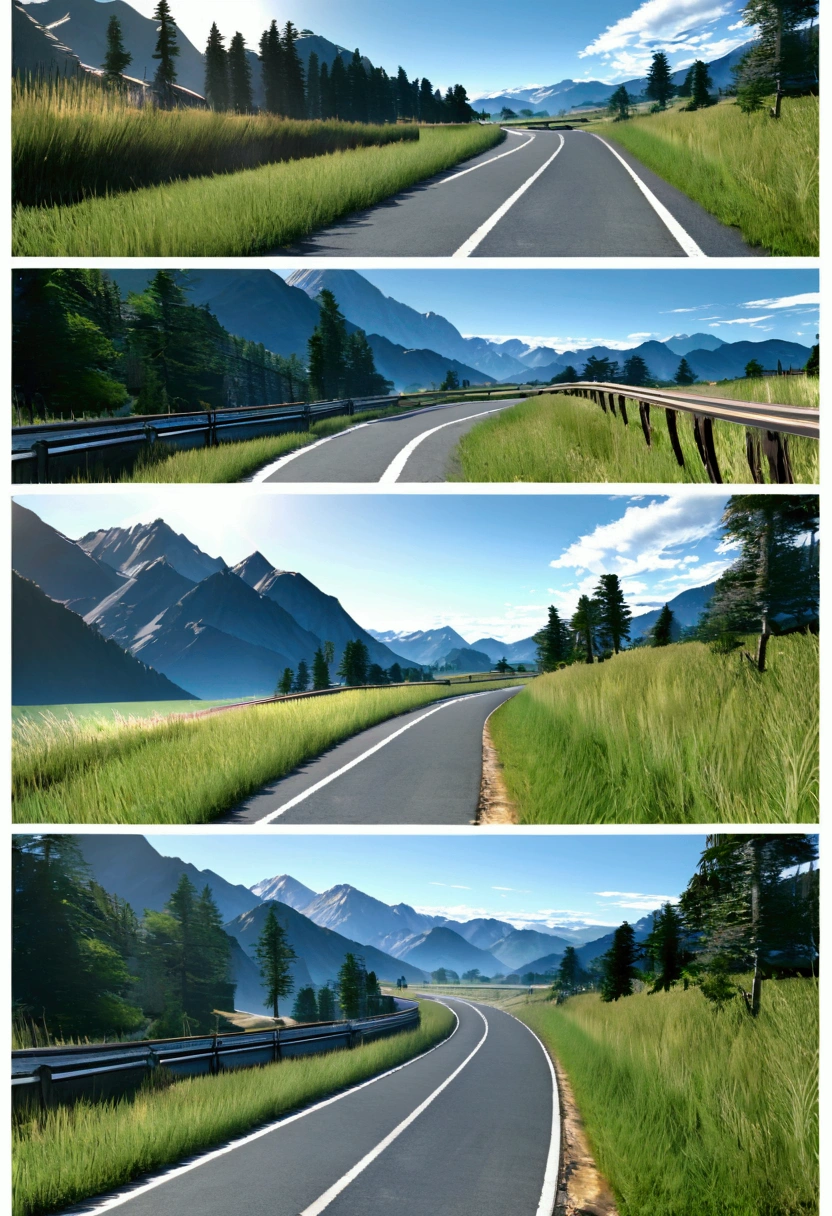 Road on the mountain with steel railings, mountains and forests in the background, best quality, sun shining, blue sky, grassy field, left-side view, horizontal view, 3d view, road is facing left, left view, side view, sideways view of the road, road in straight line, front view of mountains