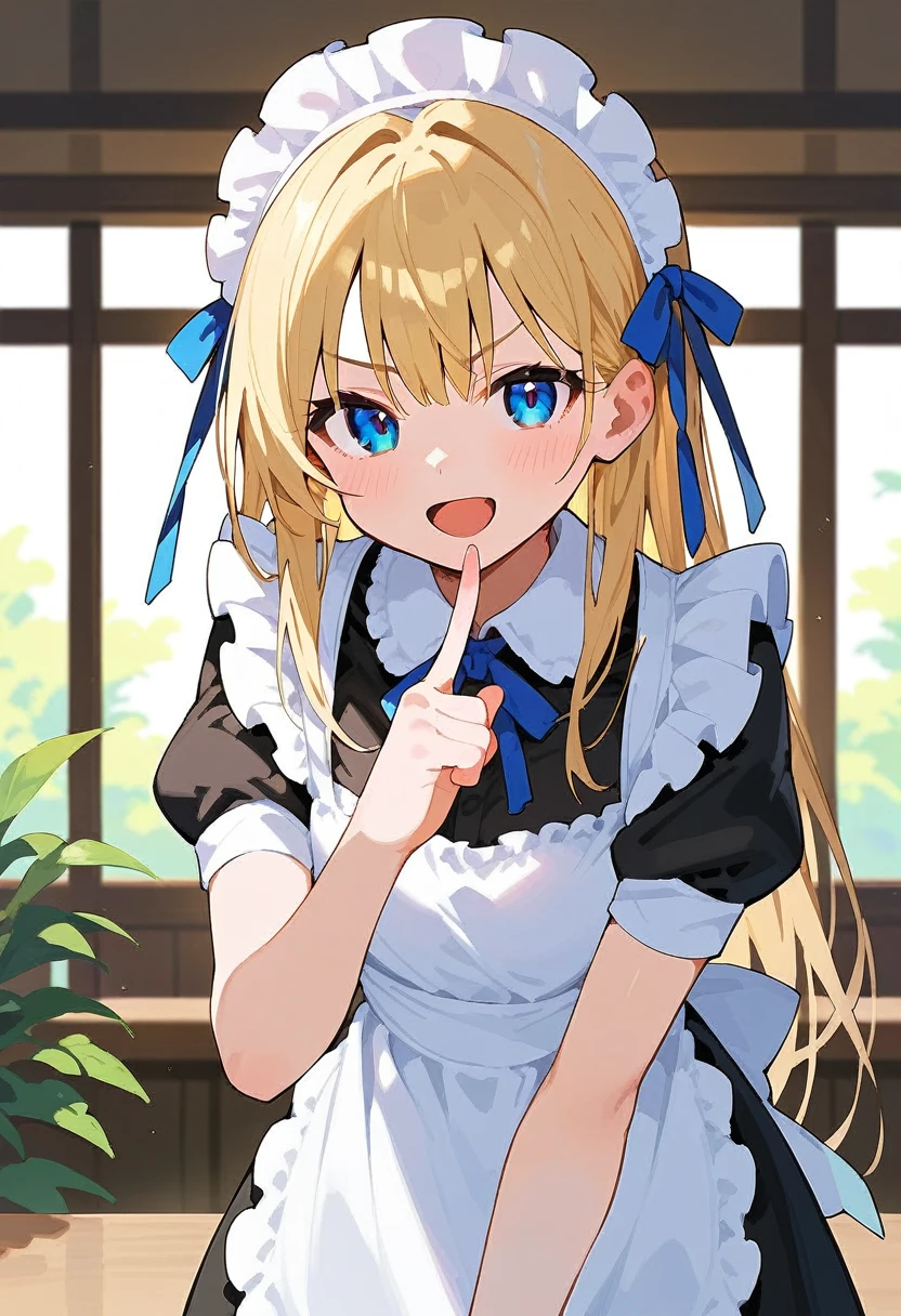 score_9,score_8_up,score_7_up,1girl,solo,bangs,blush,smile,standing,looking at viewer,casual,:d,apron,blonde hair,blue eyes,dress,frills,hair ribbon,index finger raised,leaning forward,long hair,maid,maid apron,maid headdress,open mouth,ribbon,short sleeves,sidelocks,upper body,v-shaped eyebrows