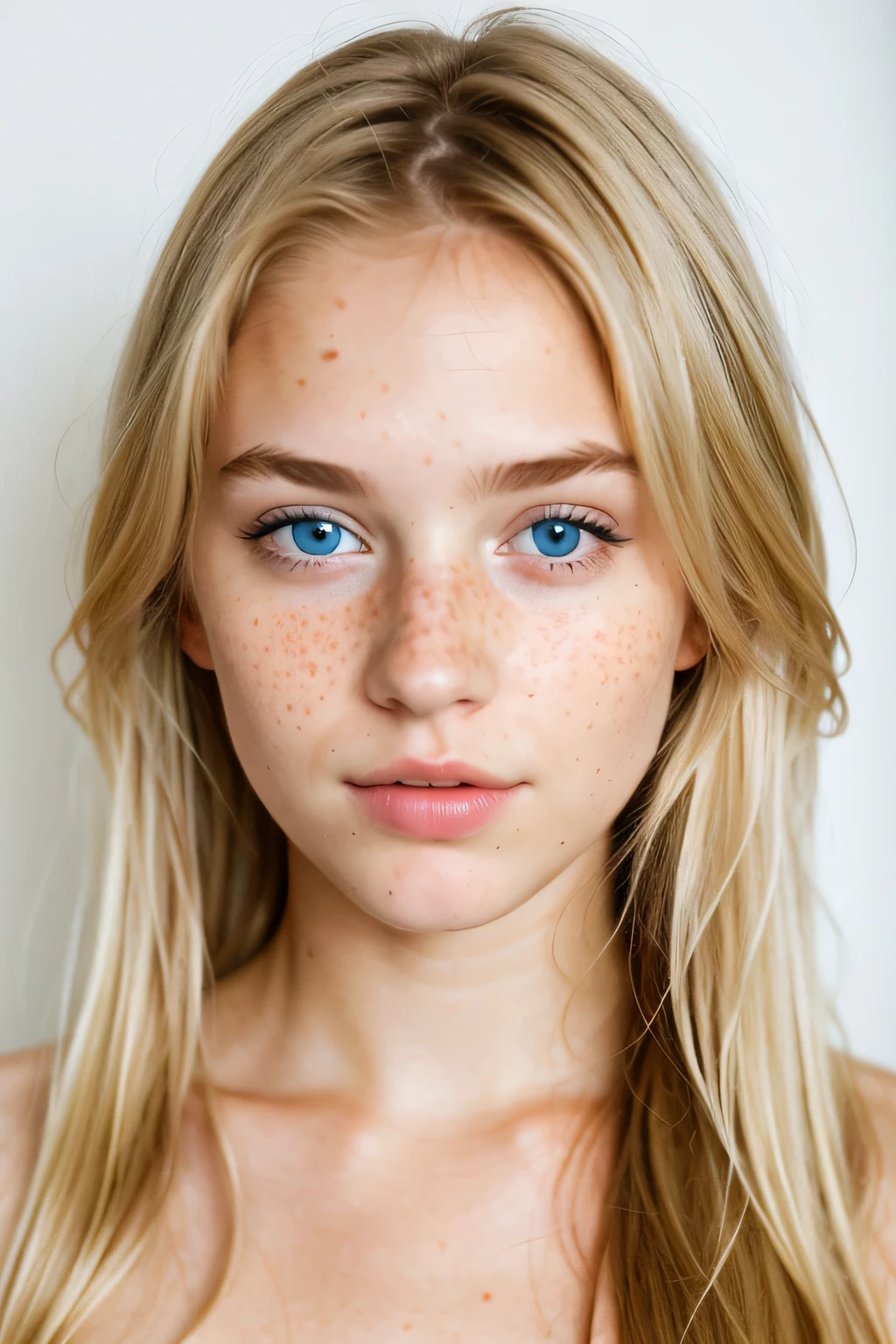 A girl with an angelic face and freckles on her face, blue eyes and blonde hair naked