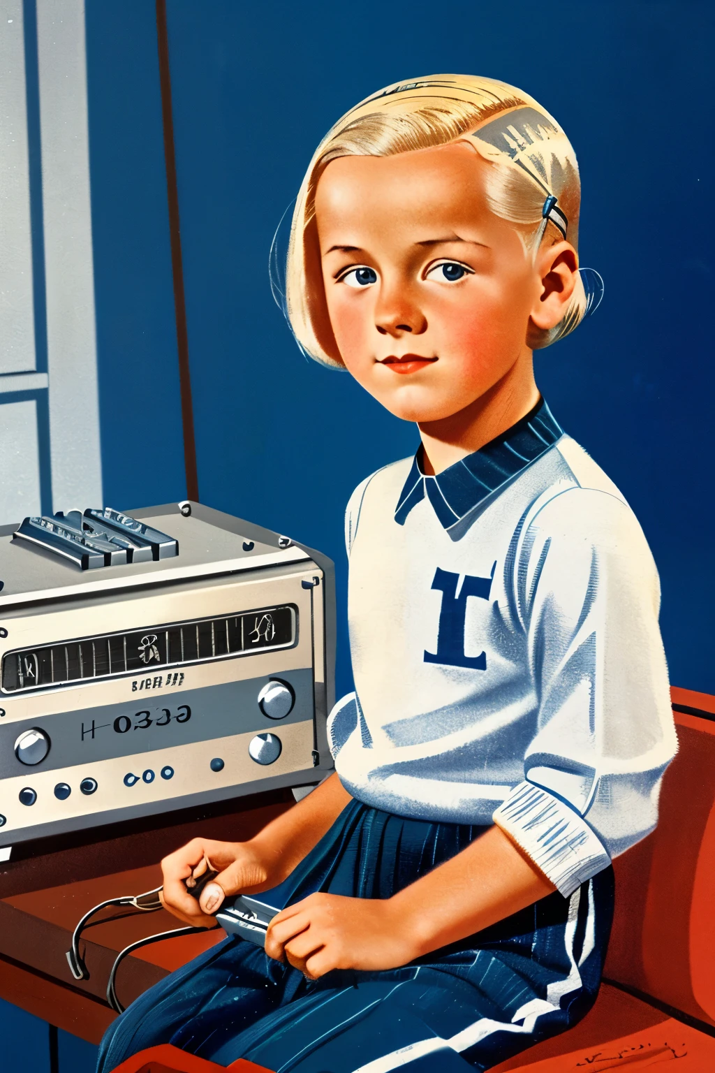 Zollverein, 1938. A little ((((12-year-old)) Werner Pfennig)), young boy, listening to the radio, ((((clothings from the 1930s)))), ((platinum blonde hairstyle of the 1930s))