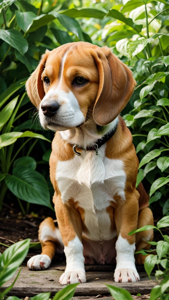 Beagle in a sunny garden within a lush jungle.
