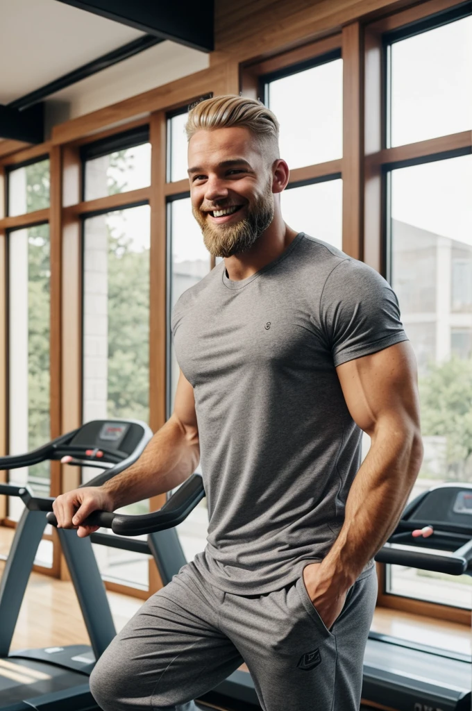 man in the gym,  wearing a gray T-shirt and gray sweatpants, smiling, blonde hair, beard, exercise equipment in the background, large window with natural light.






