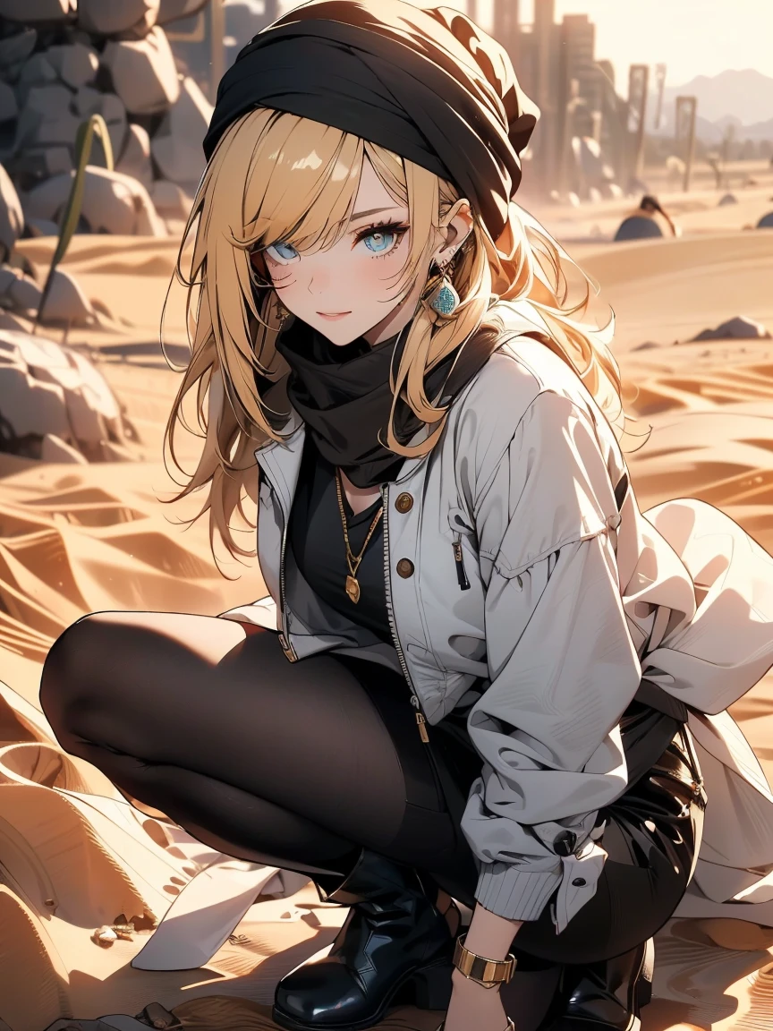 ((in a desert:1.5)), a matured woman with long hair and a white outfit, (resting in oasis:1.2, sitting), Arabic, Post apocalyps, from arknights, artwork in the style of guweiz, bodyesbian, fine details. girls frontline, beautiful anime illustration, from girls frontline, by Yang J, stunning, 26 years old, (solo:1.5), (sfw:1.25), sagging breast, large breasts, big , thin waist, big ass, Raised sexy, (dark mahogany medium long hair, updo, hair over one eye, asymmetric hair, Carly hair, low tied),(musulman, Headscarfs, hair bands, head vandage, Turban), (ultra high resolution, 8K RAW photo, photo realistics, weak outline:1.3, clear focus), best qualtiy, natural lighting, blurry back ground, field depth, (Bright pupils, detailed beautiful eyes, high detailed face), Red lip, looking at viewers, (tight focus:1.2, from above), sexy posing, seductive weak smiling, center image, (wearing white long jacket and clothes, wearing short pants, gold ornaments, white clothes rolling around waist, camel-brown long leather boots, translucent lace pantyhose), ((correct anatomy:1.5)), ((outdoor:1.2)),