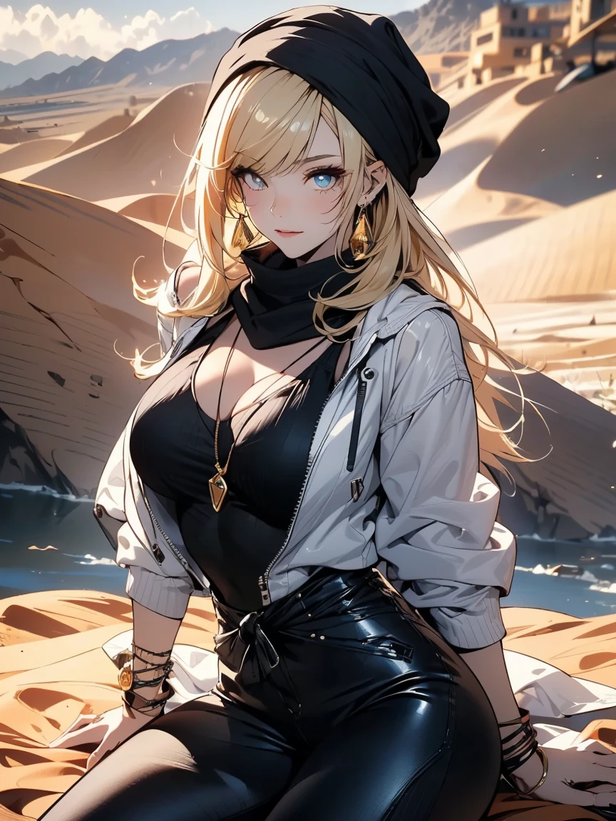 ((in a desert:1.5)), a matured woman with long hair and a white outfit, (resting in oasis:1.2, sitting), Arabic, Post apocalyps, from arknights, artwork in the style of guweiz, bodyesbian, fine details. girls frontline, beautiful anime illustration, from girls frontline, by Yang J, stunning, 26 years old, (solo:1.5), (sfw:1.25), sagging breast, large breasts, big , thin waist, big ass, Raised sexy, (dark mahogany medium long hair, updo, hair over one eye, asymmetric hair, Carly hair, low tied),(musulman, Headscarfs, hair bands, head vandage, Turban), (ultra high resolution, 8K RAW photo, photo realistics, weak outline:1.3, clear focus), best qualtiy, natural lighting, blurry back ground, field depth, (Bright pupils, detailed beautiful eyes, high detailed face), Red lip, looking at viewers, (tight focus:1.2, from above), sexy posing, seductive weak smiling, center image, (wearing white long jacket and clothes, wearing short pants, gold ornaments, white clothes rolling around waist, camel-brown long leather boots, translucent lace pantyhose), ((correct anatomy:1.5)), ((outdoor:1.2)),