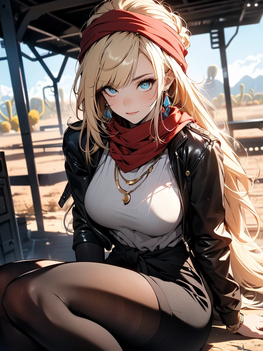 ((in a desert:1.5)), a matured woman with long hair and a white outfit, (resting in oasis:1.2, sitting), Arabic, Post apocalyps, from arknights, artwork in the style of guweiz, bodyesbian, fine details. girls frontline, beautiful anime illustration, from girls frontline, by Yang J, stunning, 26 years old, (solo:1.5), (sfw:1.25), sagging breast, large breasts, big , thin waist, big ass, Raised sexy, (dark mahogany medium long hair, updo, hair over one eye, asymmetric hair, Carly hair, low tied),(musulman, Headscarfs, hair bands, head vandage, Turban), (ultra high resolution, 8K RAW photo, photo realistics, weak outline:1.3, clear focus), best qualtiy, natural lighting, blurry back ground, field depth, (Bright pupils, detailed beautiful eyes, high detailed face), Red lip, looking at viewers, (tight focus:1.2, from above), sexy posing, seductive weak smiling, center image, (wearing white long jacket and clothes, wearing short pants, gold ornaments, white clothes rolling around waist, camel-brown long leather boots, translucent lace pantyhose), ((correct anatomy:1.5)), ((outdoor:1.2)),