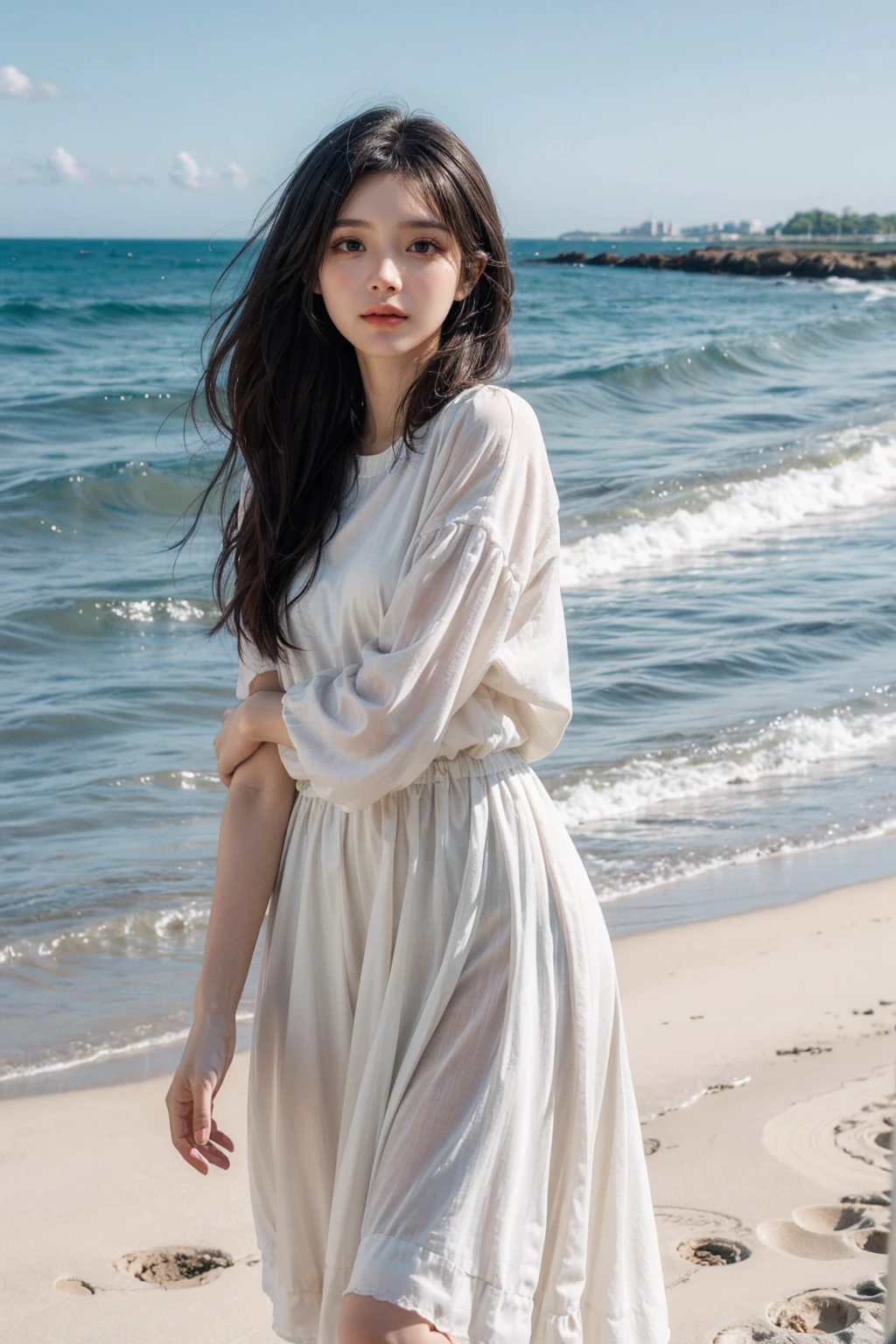 1 Girl,Kawaii,Delicate face,Looking at the audience,Focus,masterpiece,best quality, high resolution,8K,complex,elegant,Very detailed,Dynamic lightingBREAKLong hair flutters elegantly in the gentle sea breeze,The fading sun casts its warm, The light of the scene. She wore flowing, Light-colored dress fluttering in the wind. In the background, the waves gently hit the shore, There was a sense of tranquility in the air, The overall ambience should evoke a feeling of tranquility and beauty