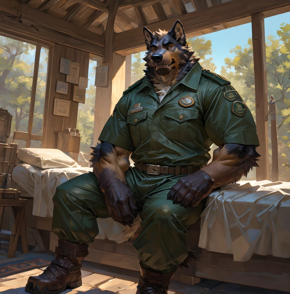 By Taran Fiddler, one man, alone, anthro canine (irish wolfhound), hound dog breed, brown fur, dilf, wrinkly face, bushy eyebrows, wearing park ranger uniform, stern facial expression, looking away from viewer, snarling, sitting on bed, inside a national park watchtower