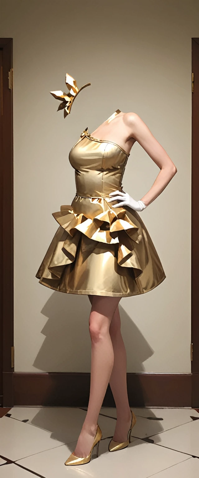 (portrait:1.2), adult, woman, Side-Swept Curls with Hairpin, wearing lgdress_1, one shoulder gold dress, unique, avant-garde silhouette, metallic sheen, large crystal embellishments adorning the dress from the waist and shoulders, gloves, hair decoration high heels, (inside of mansion:1.3), Hand on Hips