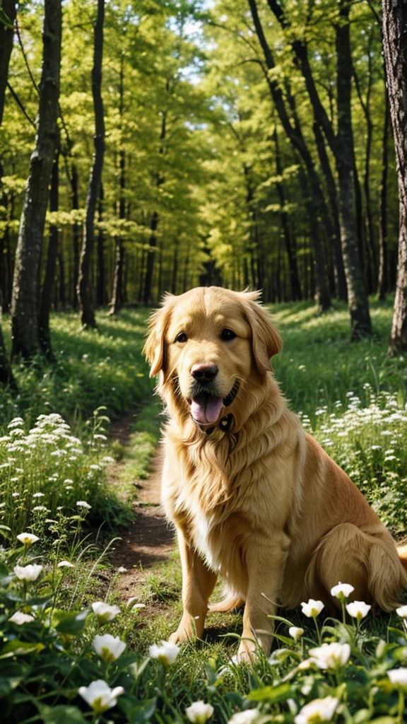 Golden Retriever among blooming flowers in a forest clearing.