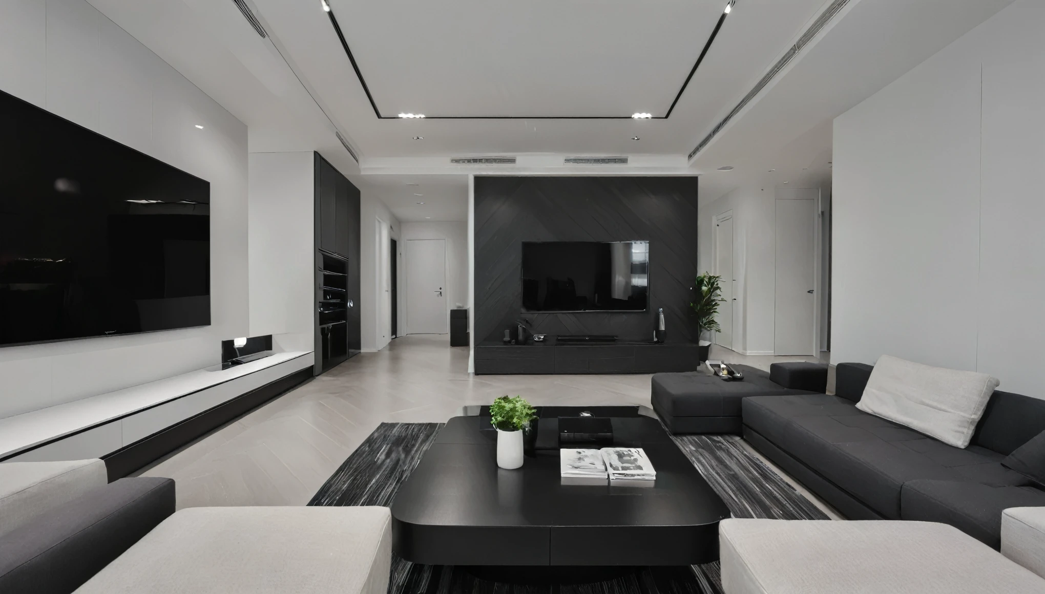Render a contemporary living room with sleek design elements, primarily using MDF furniture in black and white tones. The living room features a black MDF sofa with white cushions, a black coffee table with a glass top, and a white MDF TV console. The walls are painted in clean white, creating a bright and inviting atmosphere. Modern recessed ceiling lights provide ambient lighting. The flooring is herringbone oak wood, adding a touch of sophistication. The room is decorated with minimalistic black and white artwork, and there are a few indoor plants to add a touch of greenery.
8k resolution, UHD, high-quality detail, modern living room, sleek design, MDF furniture, black and gray tones, contemporary sectional sofa, charcoal gray, minimalist black coffee table, muted gray walls, textured black MDF panels, modern recessed ceiling lights, ambient illumination, sleek floor lamps, dark matte flooring, sophisticated aesthetic, flat-screen TV, black MDF entertainment unit, abstract art, monochrome tones, spacious, clean, uncluttered look, metallic accents.