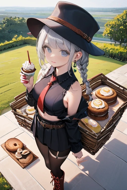 (perky :1.2), (pointed :1.2),(icecream magazine cover:1.3),(from above:1.2),(shoot from the side:1.1),(((Black Tunic:1.3))),(((cakes and bread in the basket),a 23yo Cute and beautiful girl,masterpiece、highest quality、Very detailed、Beautiful fine details、Detailed landscape、Braided Ponytail、Red camisole、((B cup , Tank top showing underboob:1.0)), thigh strap, bangs, necktie, earrings, nail polish, fishnet pantyhose, silver hair, looking at viewer, full body, bottle, own hands together, belt, food, ring, choker, english text paper:1.2, collared shirt, blue eyes, hat,lace-up boots , 