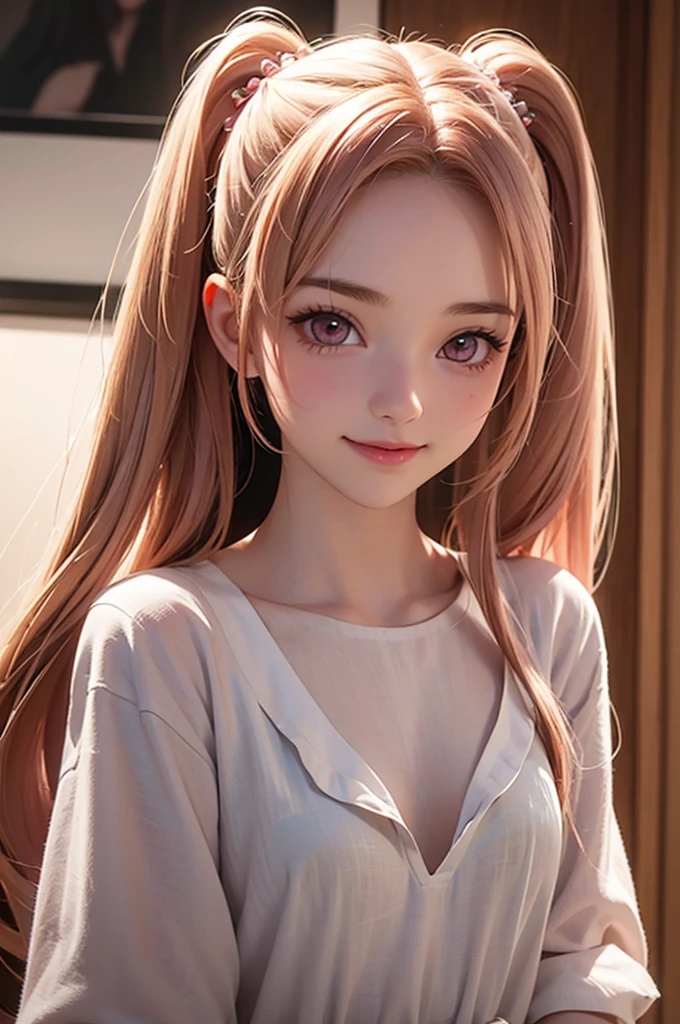 photo realistic, best quality, ultra detailed, masterpiece, Ultra-realistic 8K CG, Perfect Artwork, Realistic, 3D body, cute face, well-featured face, completely nude, 1 girl, 13 years old, small breasts, beautiful girl, cute girl and idol face, young face, smile, Beautiful long pink hair, twintails, Beautiful red eyes, white skin, Short body, Upper body