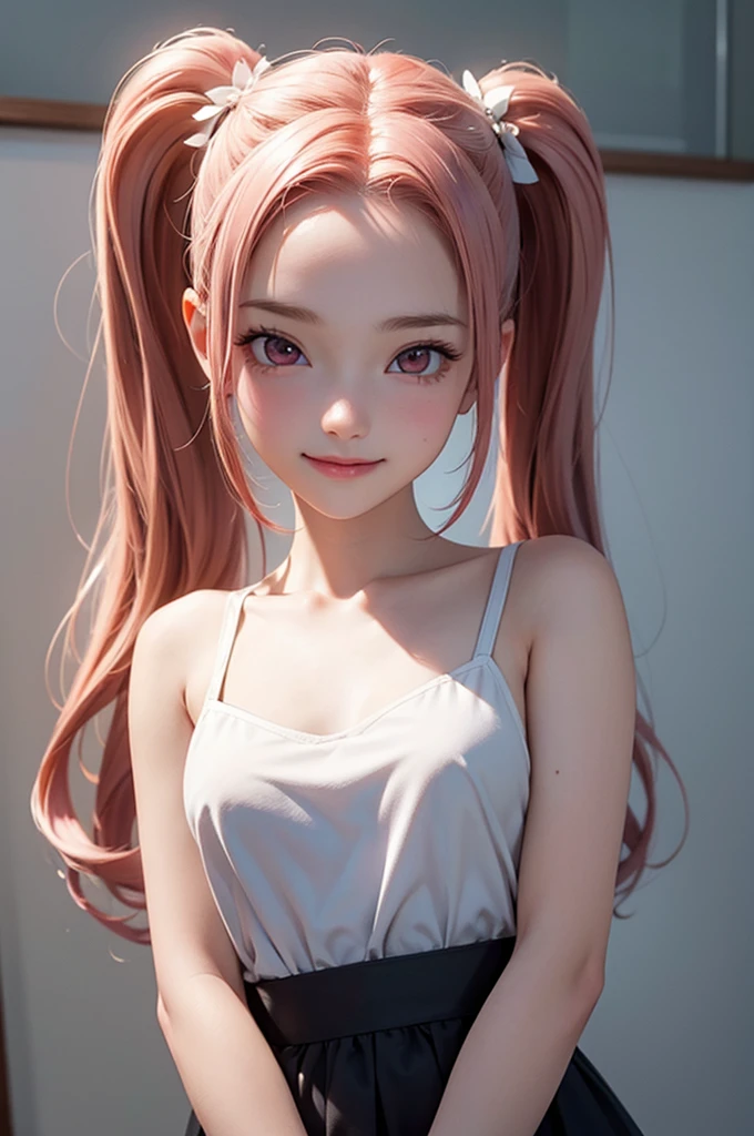 photo realistic, best quality, ultra detailed, masterpiece, Ultra-realistic 8K CG, Perfect Artwork, Realistic, 3D body, cute face, well-featured face, completely nude, 1 girl, 13 years old, small breasts, beautiful girl, cute girl and idol face, young face, smile, Beautiful long pink hair, twintails, Beautiful red eyes, white skin, Short body, Upper body