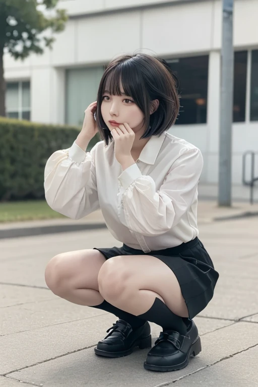 elegant, masterpiece, Complex, Realistic, Highest quality, Absurd, detailed high face detail, Perfect Eyes, figure, detailed, Cute Bad Girl, The legs are off the frame, mini skirt, Seraphim, Knee-high, loafers, squat, Hair blowing in the wind, Smooth Hair, Beautiful Hair, detailed hair, Messy Hair, short hair,