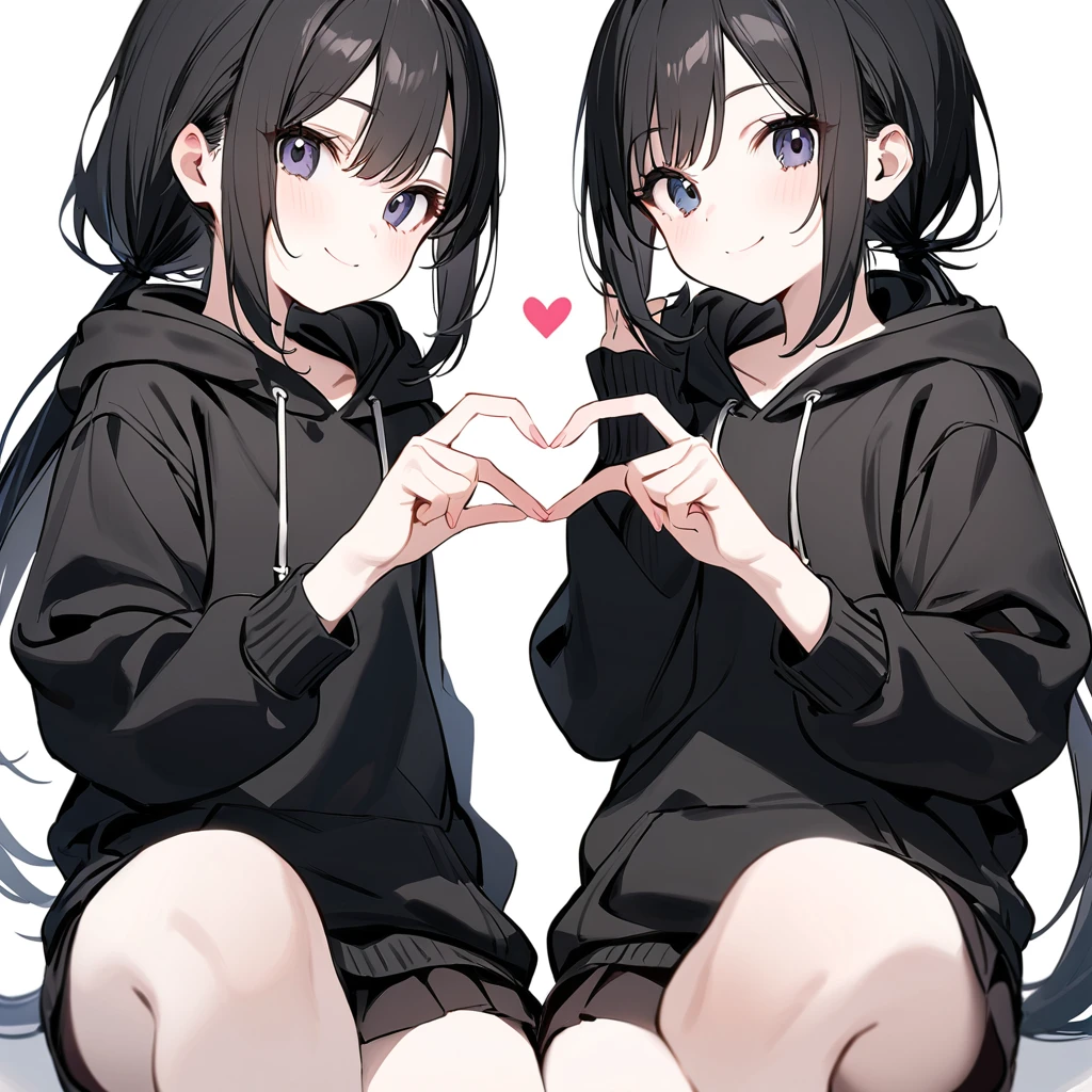 best quality, beautiful, smile, a girl, twins ,two girls,(one girl is black hair, (((low short pony tail hair))) ,black hoodie),(The other girl is black hair,pony tail,black hoodie), making a heart with hands, looking at viewer, looking to the side, eyes open, pale skin, 10-year-old, white background