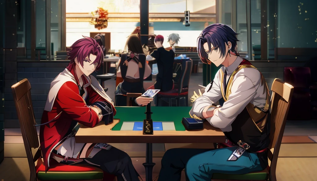Anime characters sitting at tables playing Card games, ; Visual novel, Card game illustration, Lawther is sitting at the table playing dnd, Cute Q version art style, Bad guy anime 8k, Visual novel, Visual novels CG, Card game, Visual novel key visual, Anime style4 K, Anime style, Snick, Digital Anime Illustration,
