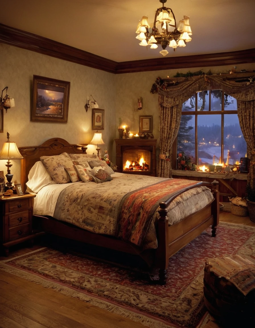 arafed bedroom with a fireplace and a bed with a blanket, thomas kinkade. cute cozy room, cozy and calm, cozy setting, very cozy, cozy wallpaper, cozy room, cozy place, cozy and peaceful atmosphere, cosy enchanted scene, cozy candlelight, cozy environment, cozy bed, soothing and cozy landscape, cozy atmosphere, cosy fireplace