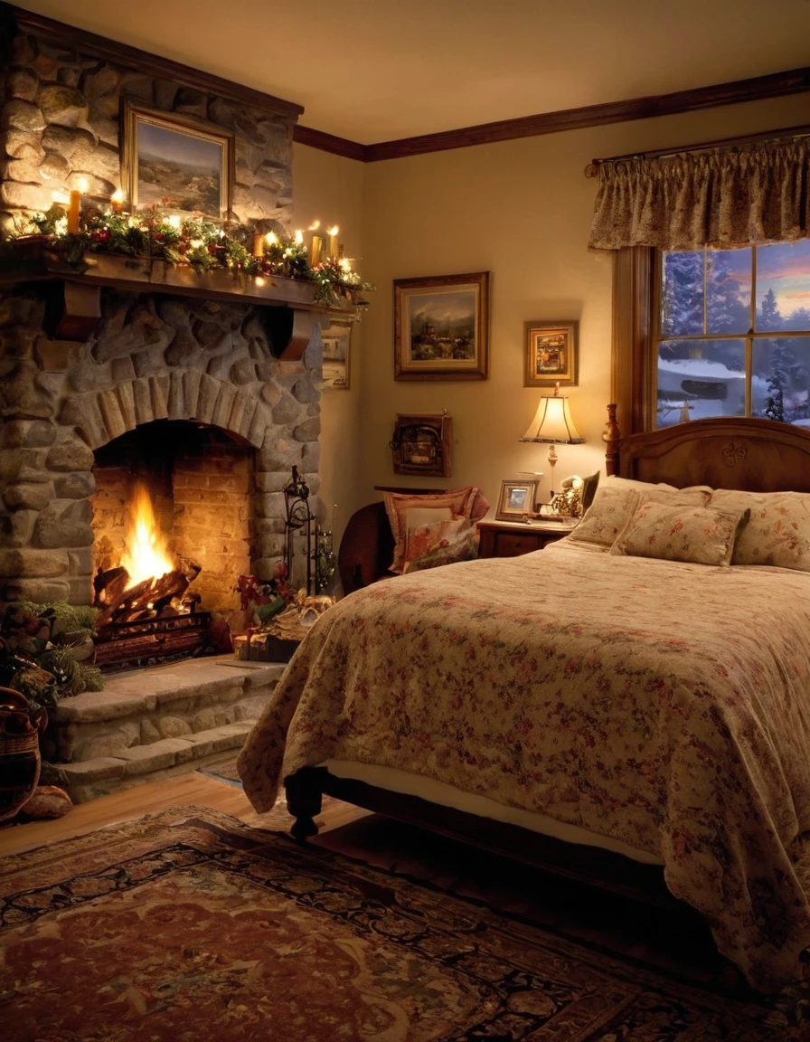 arafed bedroom with a fireplace and a bed with a blanket, thomas kinkade. cute cozy room, cozy and calm, cozy setting, very cozy, cozy wallpaper, cozy room, cozy place, cozy and peaceful atmosphere, cosy enchanted scene, cozy candlelight, cozy environment, cozy bed, soothing and cozy landscape, cozy atmosphere, cosy fireplace