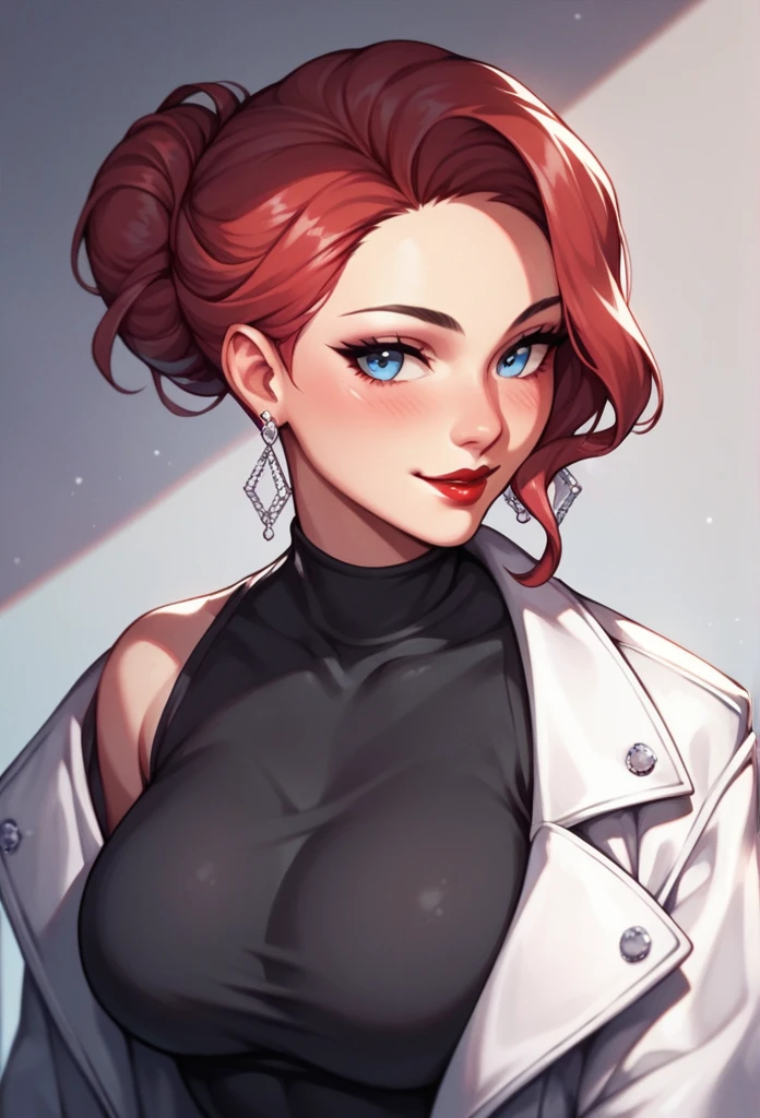 Hot sexy beautiful one women,  long silver chandelier earrings,big breasts, ,red hair ,  hair bun,blush,blue eyes, smiling,red lipstick, white coat, black shirt, long sleeves