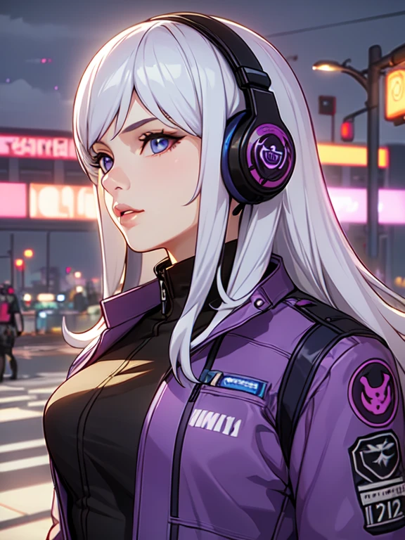 1 girl, White hair, long hair, A masterpiece of technical clothing, Best quality, realistic, Realism, Dark purple jacket, portrait, detailed eyes, wear a headset, Platinum hair, 21-year-old girl, fashion pose, half of the body, wide shot, on the street, Cyberpunk