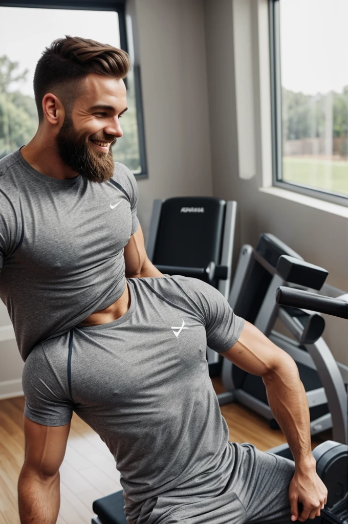 man in the gym, wearing a gray T-shirt and gray sweatpants, smiling,Brown hair, beard, exercise equipment in the background, large window with natural light.