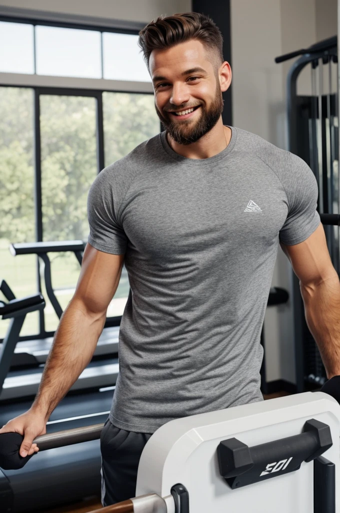 man in the gym, wearing a gray T-shirt and gray sweatpants, smiling,Brown hair, beard, exercise equipment in the background, large window with natural light.