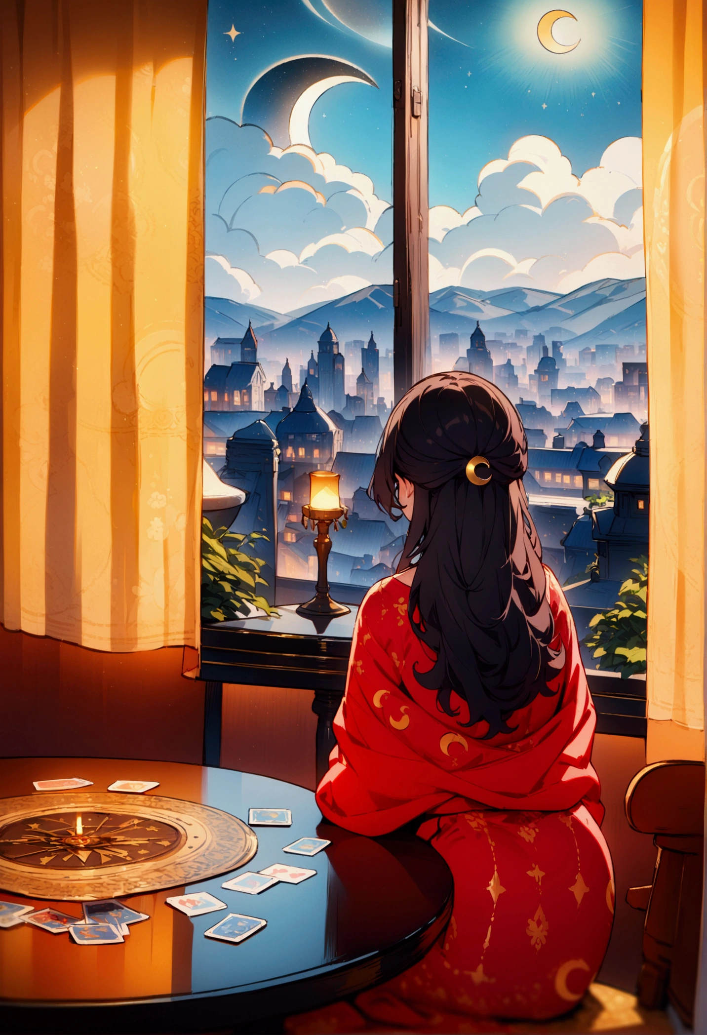 best quality, masterpiece, 8K, HD, persian woman, wavy dark hair, sitting behind a round table, luxurious astrology print tablecloth, tarot cards on the table, metropolitan city in the background, crescent moon in the sky, sheer curtains behind her, front view, vibrant colors, highly detailed