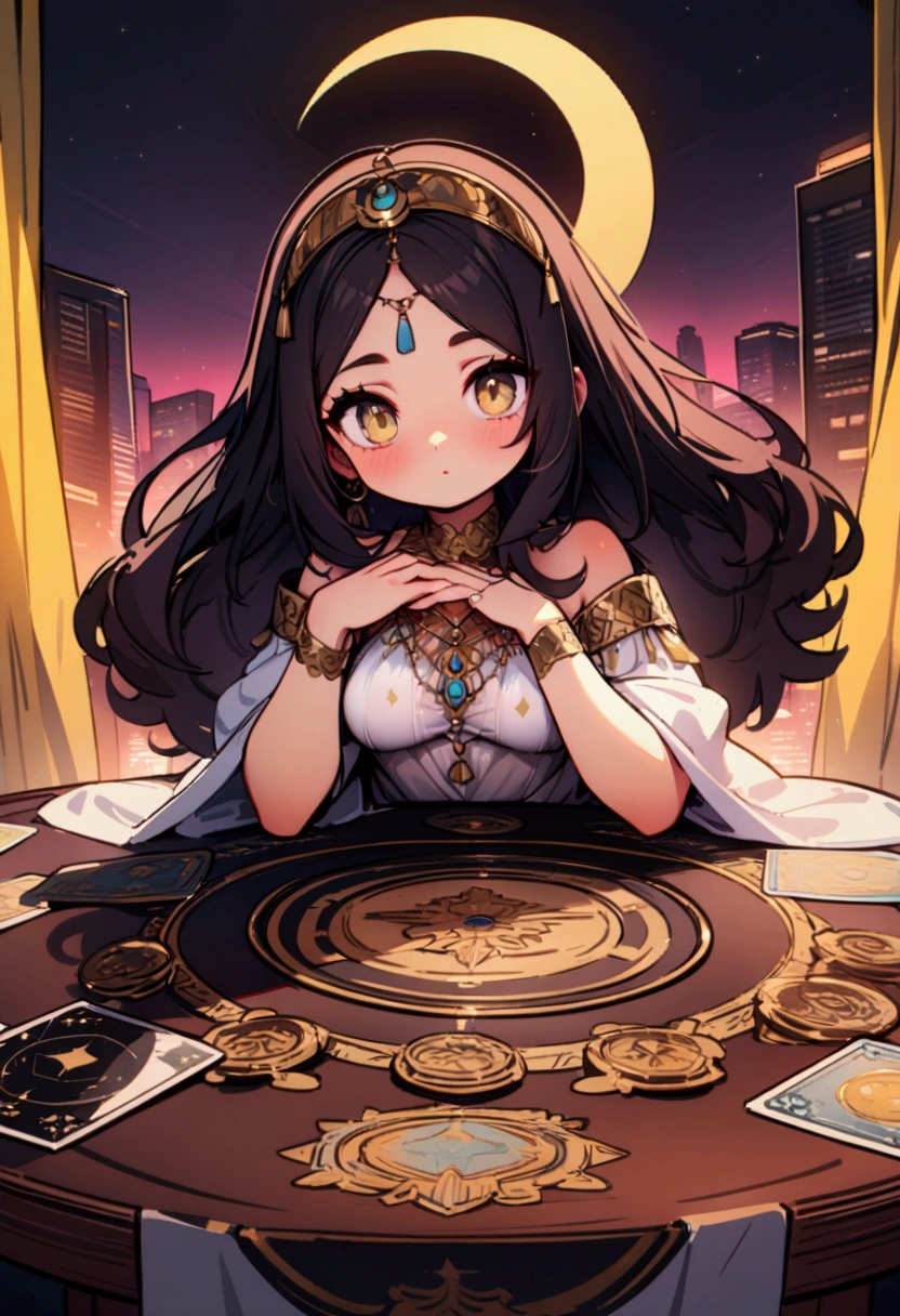 best quality, masterpiece, 8K, HD, persian woman, wavy dark hair, sitting behind a round table, luxurious astrology print tablecloth, tarot cards on the table, metropolitan city in the background, crescent moon in the sky, sheer curtains behind her, front view, vibrant colors, highly detailed