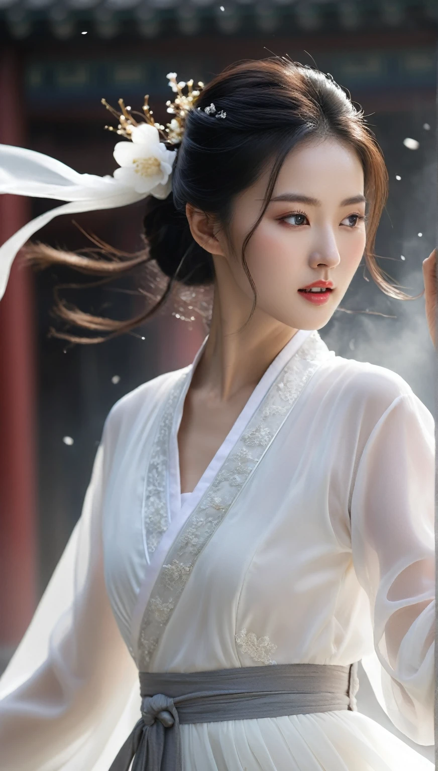 beautiful Korean woman, (((Mikamaria))), (motion blur:1.3), abnormally stunning beautiful face, black and white close-up,woman in intricate pure white hanbok dress, Flying in the air like a Chinese movie ,spinning frantically, translucent tingling air particles on dress hem,in ancient china, professional fashion photography,UHD, 4k, 8k