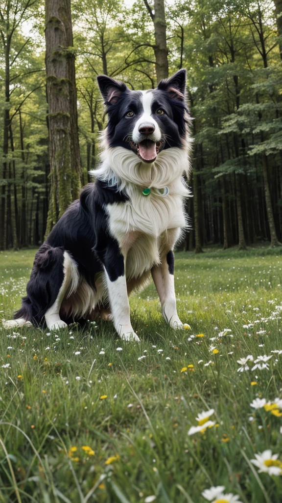 Border Collie in a vibrant green meadow within a forest