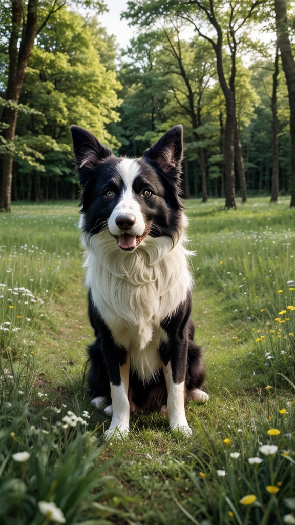 Border Collie in a vibrant green meadow within a forest