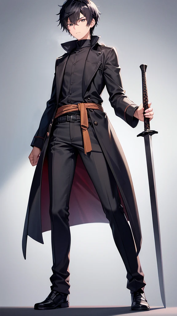 A normal person with the body of a teenager who is about to reach adulthood around 17 years old with medium muscles and who looks full of poor and full of dark mystery, wears an old and worn overcoat jacket, gray eyes, black hair, wears a regular shirt with regular trousers, walks with a sheathed sword and tied at the waist, (background clear view), (simple anime man design), 163 height