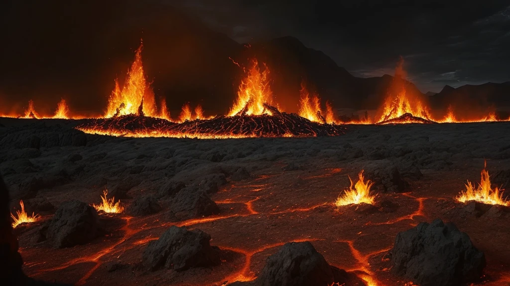 Create a hellscape seen from the perspective of a human. Flames rage and swirl, casting sinister red, orange, and black light. The ground is a burnt wasteland, with fissures releasing bursts of fire and lava. Souls in torment are scattered throughout the scene. In the distance, ruined structures and desolate, rocky terrain add to the sense of doom and despair.