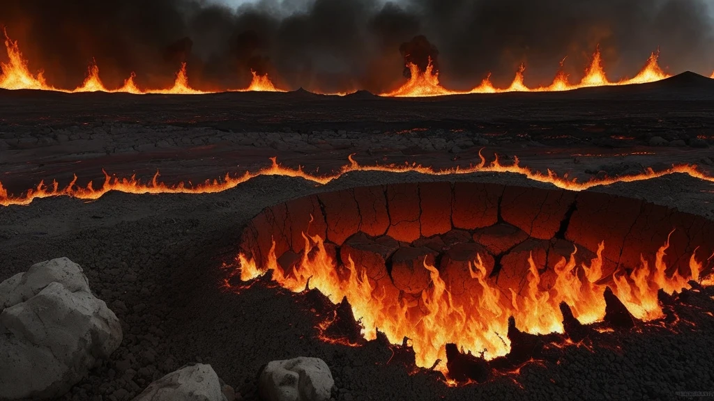 Create a hellscape seen from the perspective of a human. Flames rage and swirl, casting sinister red, orange, and black light. The ground is a burnt wasteland, with fissures releasing bursts of fire and lava. Souls in torment are scattered throughout the scene. In the distance, ruined structures and desolate, rocky terrain add to the sense of doom and despair.