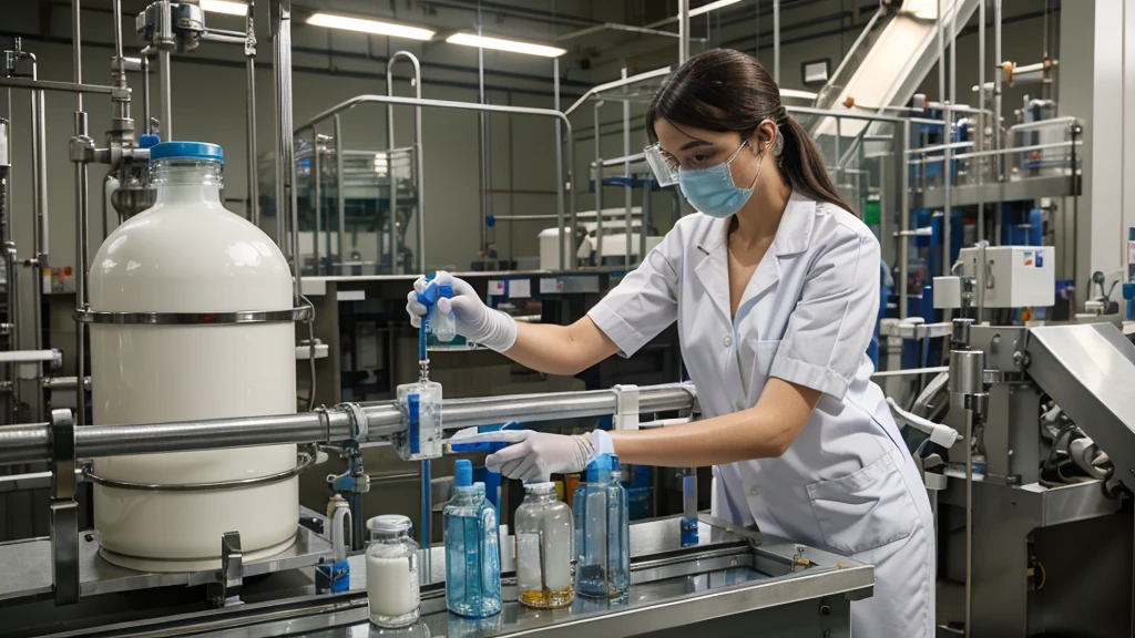 Pharmacist scientist in sanitary gloves checking drug levels in liquid form inside medical glass bottles, conveyor belt production line in pharmaceutical health care factory producing mass production prescription drugs