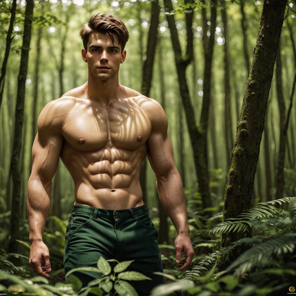 a handsome 23 year old man, detailed facial features, beautiful green eyes, sharp jawline, short brown hair, strong muscular body, standing in a lush green forest, golden sunlight filtering through the trees, detailed foliage and nature elements, realistic, photorealistic, 8k, high quality, intricate details, cinematic lighting, moody atmosphere, warm color tones