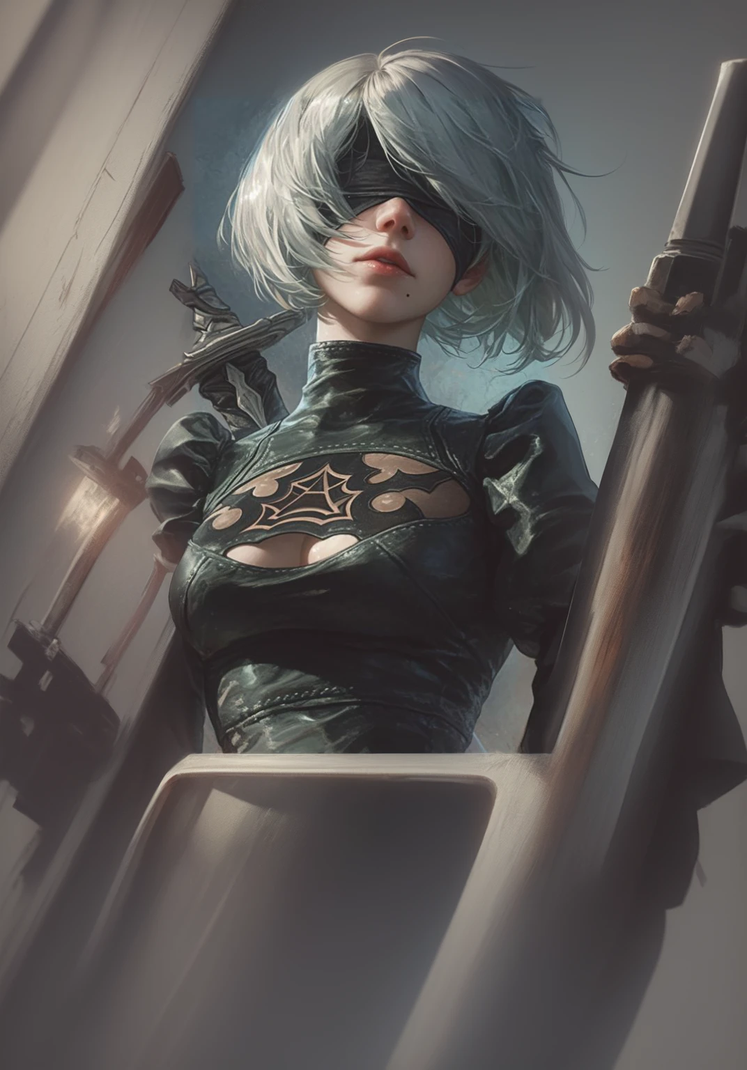 Anime girl with sword and black outfit posing for a photo、2B Nier オートマトン、Nier:Automaton Inspired、Nier オートマタ インスパイア、Nier オートマタの 2 B、Nier オートマタの 2b、2 b、Nier インスパイアー、Nier 2 b、Bad anime 8k、Nier、Female Assassin、8k high quality detailed art