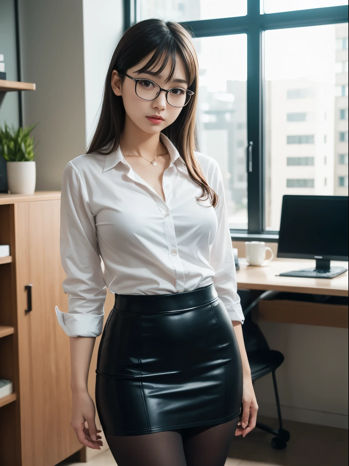 (alone、solo)、A 20-something office lady in an office uniform poses for a photo、(Black Pantyhose)、(Half Up)、victory、Tsundere、Single knot、OL、suit、Blue mall face、anger、、Glasses、Slim girl model photo、Body:The smallest middle-aged man in history、Female Model、Japanese female fashion model、(8K、RAW Photos、Highest quality、masterpiece:1.2)、(Real、Photorealistic:1.37)、Ultra high definition、Ultra high definition、Office Street、Standing position、whole body、((((SEXY)))