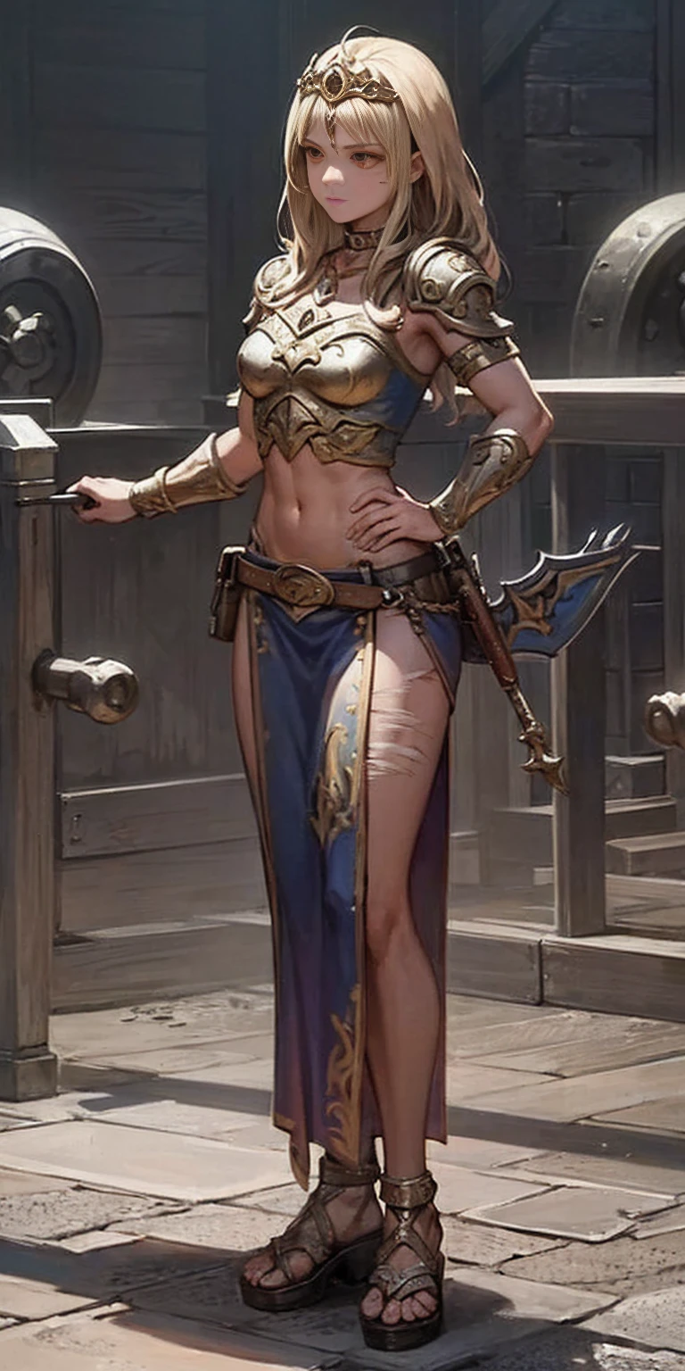 Subject: 1 Solo Female Gladiator Pose: Full body, whole body Standing tall, hands on hips (conveying confidence) Feet together, conveying a strong stance View from slightly below, emphasizing her power Clothing and Armor: Loincloth (detailed and well-crafted, showcasing her warrior status) Metal sandals, sturdy and battle-worn Leather choker, adorned with a gladiator emblem or small spikes (optional) Big belt, holding additional weapons or pouches (optional) Bracers on forearms, for protection Jewelry: Tiara (can be simple and battle-ready, or adorned with feathers or gladiator symbols) Additional Details: Strong, defined muscles Determined expression on her face Optional: scars or other battle marks that tell a story of her victories