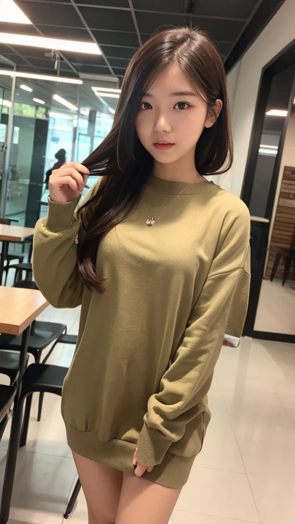 Indonesian girl 17-year-old Hairstyle Casual, wearing crewneck dress at canteen