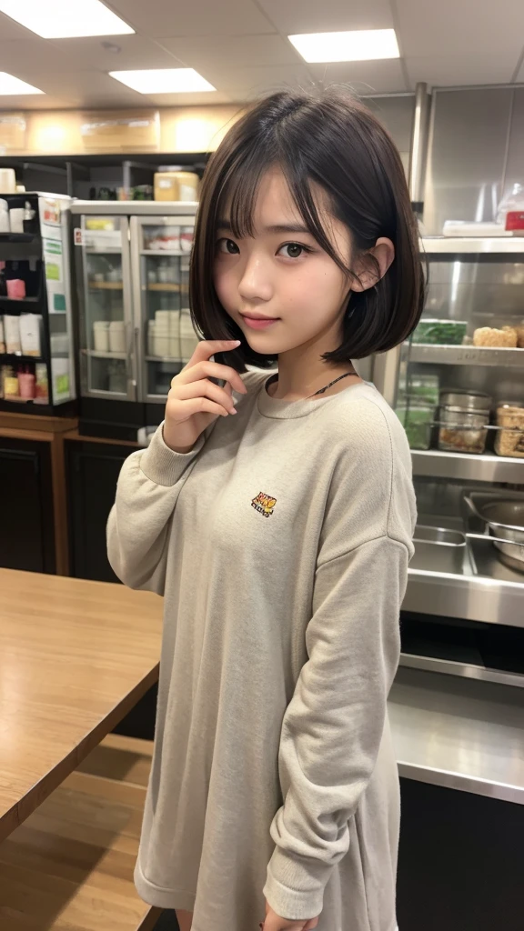 Indonesian girl 17-year-old  Hairstyle Casual,   wearing crewneck dress at canteen