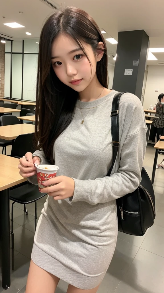 Indonesian girl 17-year-old Hairstyle Casual, wearing crewneck dress at canteen