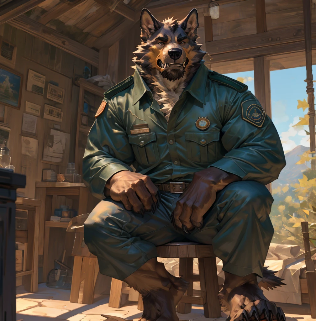 By Taran Fiddler, one man, alone, anthro canine (irish wolfhound), hound dog breed, brown fur, dilf, wrinkly face, bushy eyebrows, wearing park ranger uniform, stern facial expression, looking away from viewer, snarling, sitting on bed, inside a national park watchtower