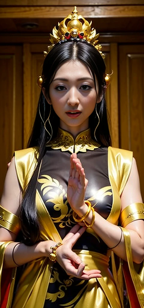 One Girl、Highest quality、masterpiece、Ultra-high resolution、(Photorealistic:1.4)、RAW Photos、god々々、(The face of a beautiful 15 year old girl)、Straight Long Hair、Dark brown hair、Glowing Skin、dramatic、(Golden see-through swimsuit)、(Golden transparent fluttering robe)、(Golden Buddha Statue)、(Golden Kannon Bodhisattva)、((Little golden tiara))、(pray)(whole bodyを立って)、((Delicate fingers、Delicate hands))、(Delicate feet)、(Big ample breasts、Beautifully raised bust)、(Rocket Boobs)、((Golden Garter Stockings))、((黄金の古代ギリシャgod殿))(Golden wall decorated with gold)、(Blur the background)、(One breast is visible、I can see a big areola、 stand)、(Woman praying)、(pray with Your Hands Together)、whole body、Are standing、pray with Your Hands Together、Delicate face、Delicate hands、Delicate feet、Anatomy Body、女god、Sexy、